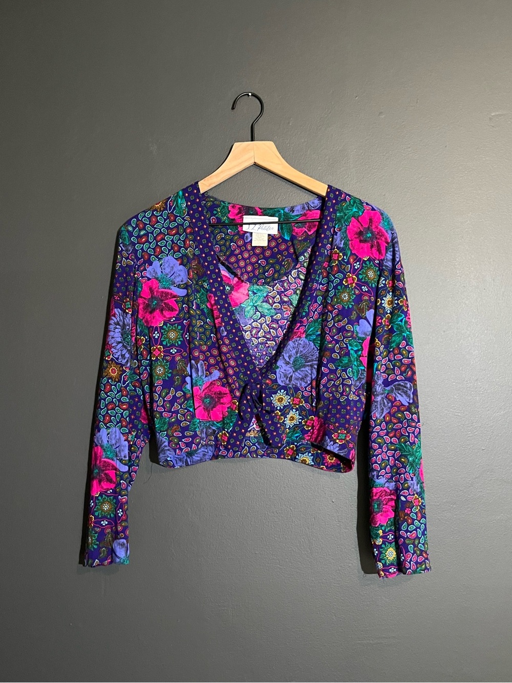 Vintage S.L. Petites Floral Cropped Tie Front Top Colorful Retro Print - Size S